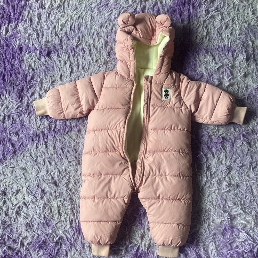 Blush pink winter overalls - fuzzy white insulation for warmth